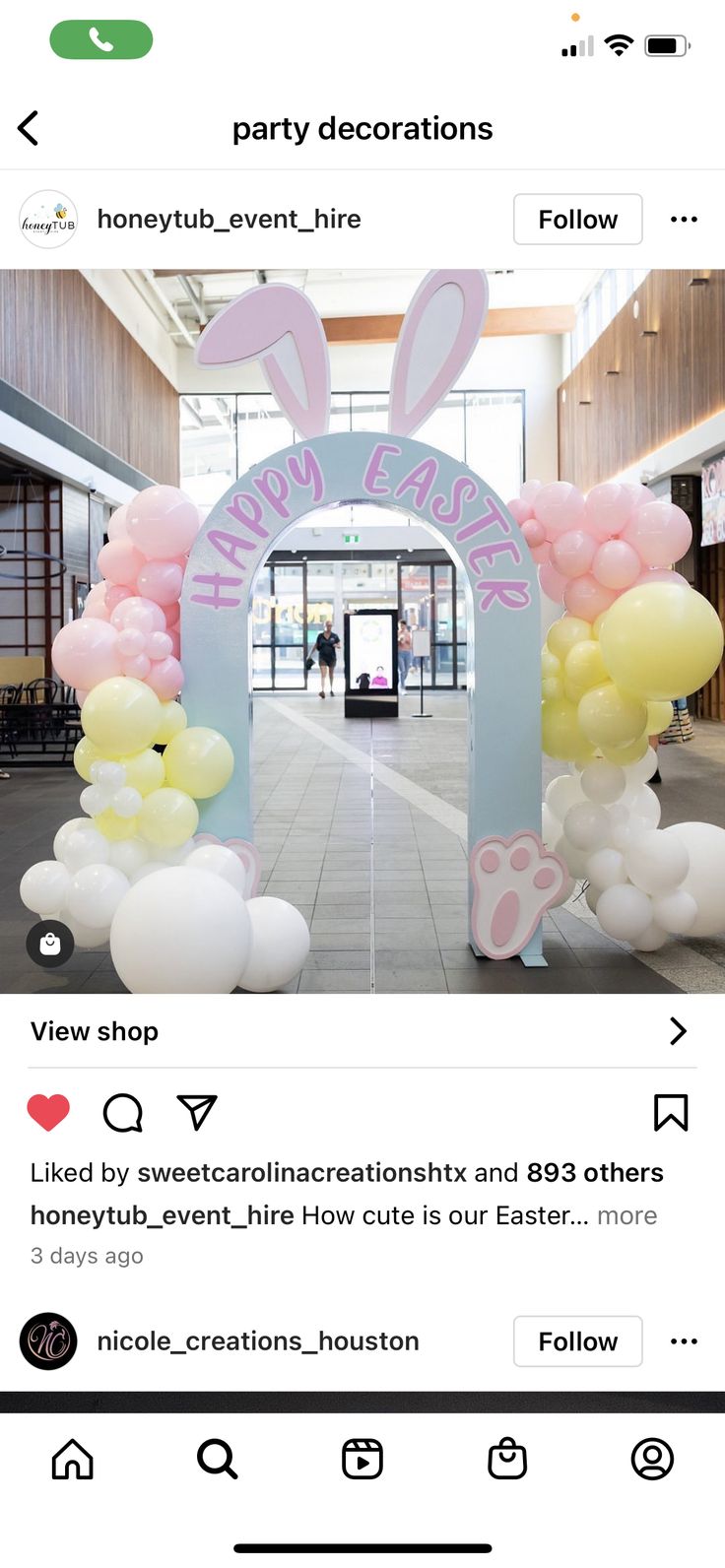 the instagram page for an easter party with balloons and bunny ears in pink, yellow and white