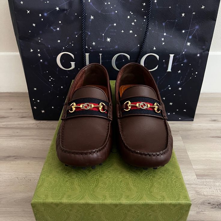 Worn Twice Like New Comes With Box And Two Dust Bags Men Size 6 Women 8.5 Luxury Brown Calf Leather Loafers, Brown Gucci Slip-on Loafers, Gucci Brown Shoes With Leather Sole, Luxury Brown Gucci Loafers, Luxury Leather Loafers With Horsebit Detail, Gucci Luxury Calf Leather Loafers, Luxury Gucci Calf Leather Loafers, Designer Brown Calf Leather Loafers, Gucci Brown Loafers With Horsebit Detail