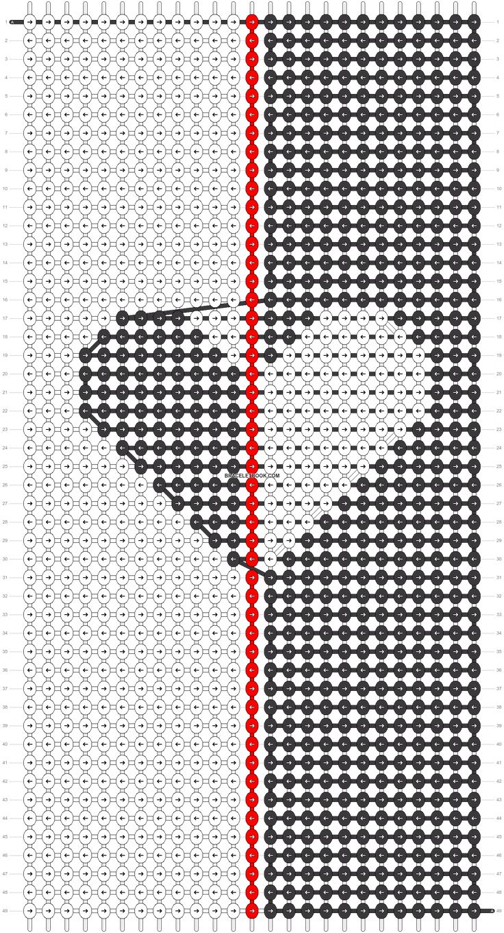 the cross - stitch pattern is shown in red and black, with an arrow pointing up at