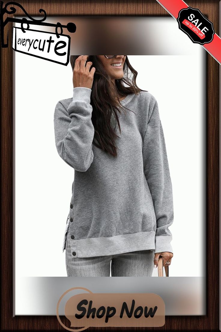 Gray Button Up Split Long Sleeve Sweatshirt Winter Cotton Tops With Buttons, Winter Relaxed Fit Tops With Buttons, Gray Long Sleeve Tops With Button Closure, Gray Long Sleeve Tops With Buttons, Winter Cotton Sweatshirt With Buttons, Casual Crew Neck Sweater With Button Cuffs, Relaxed Fit Long Sleeve Tops With Snap Buttons, Winter Crew Neck Tops With Button Cuffs, Oversized Crew Neck Top With Buttons