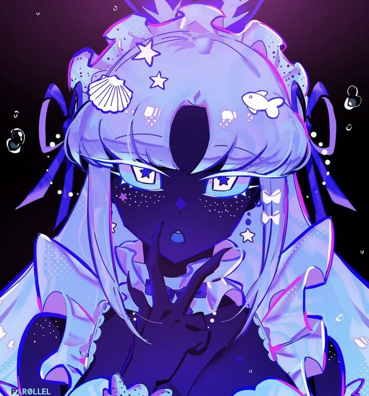 an anime character with blue hair and stars on her head, in front of a purple background