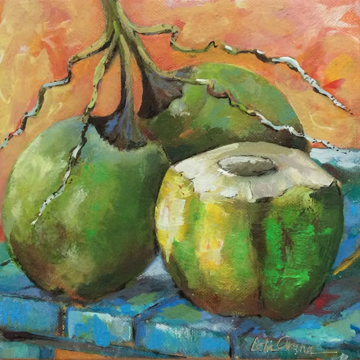 a painting of three green coconuts on a table