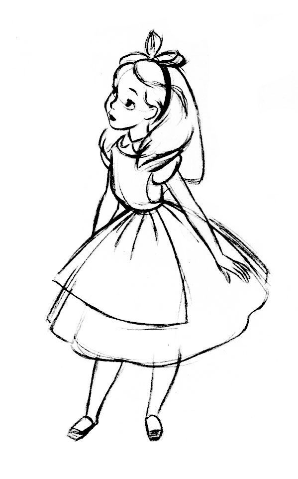 a black and white drawing of a girl in a dress