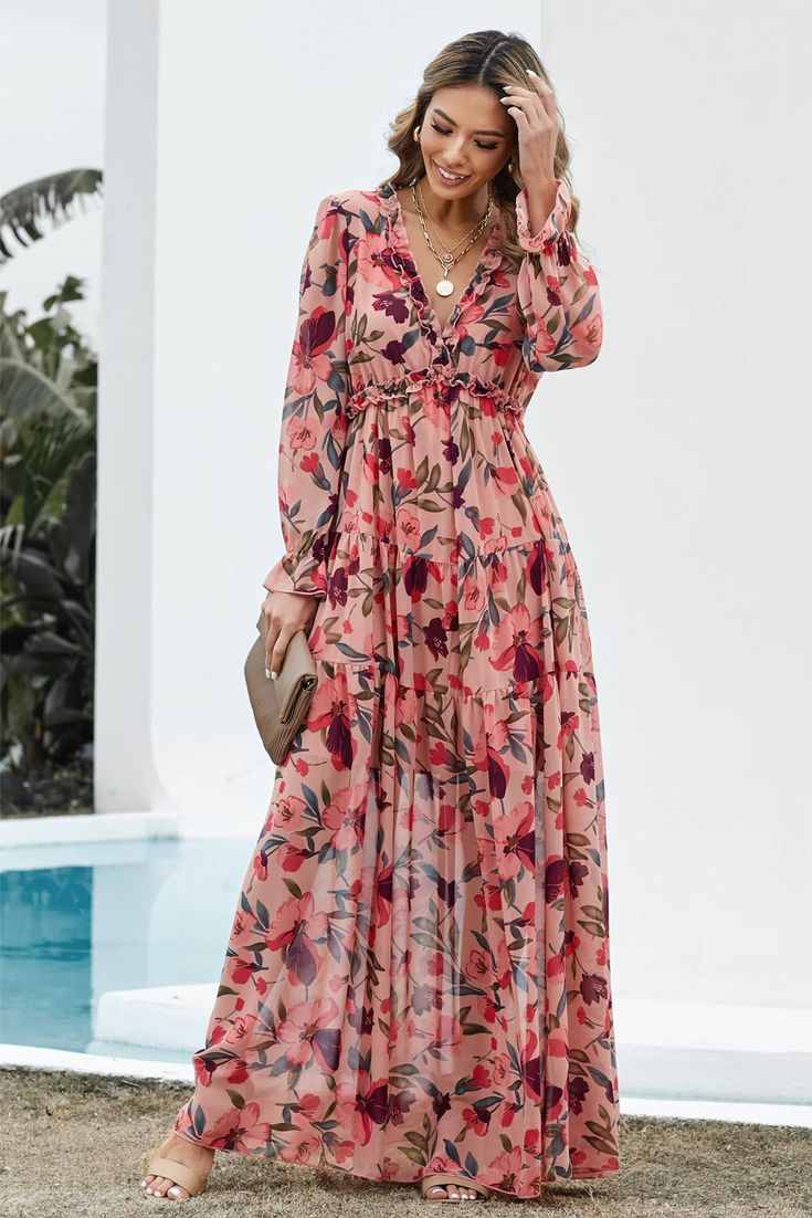 Floral Frill Trim Flounce Sleeve Plunge Maxi Dress - Body By J'ne فستان زهري, Casual Chiffon Dress, Vacation Maxi Dress, Plunge Maxi Dress, Holiday Maxi Dress, Dress Chiffon, Womens Floral Dress, Maxi Styles, Maxi Robes