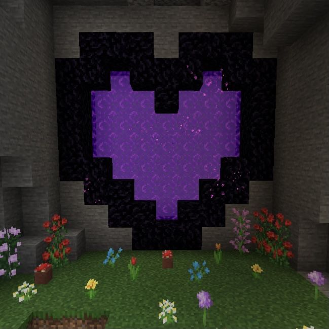 minecraft nether portal purple flowers obsidian mushroom cave Nether Portal Design Heart, How To Make A Heart In Minecraft, Minecraft Nether Portal Ideas Aesthetic, Heart Nether Portal, Cute Portal Minecraft, Cute Nether Portal Design, Cute Heart Minecraft Builds, Enderportals Ideas Minecraft, Heart Minecraft