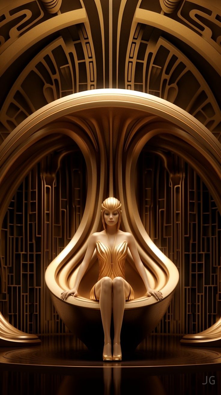 a woman sitting in front of a golden sculpture