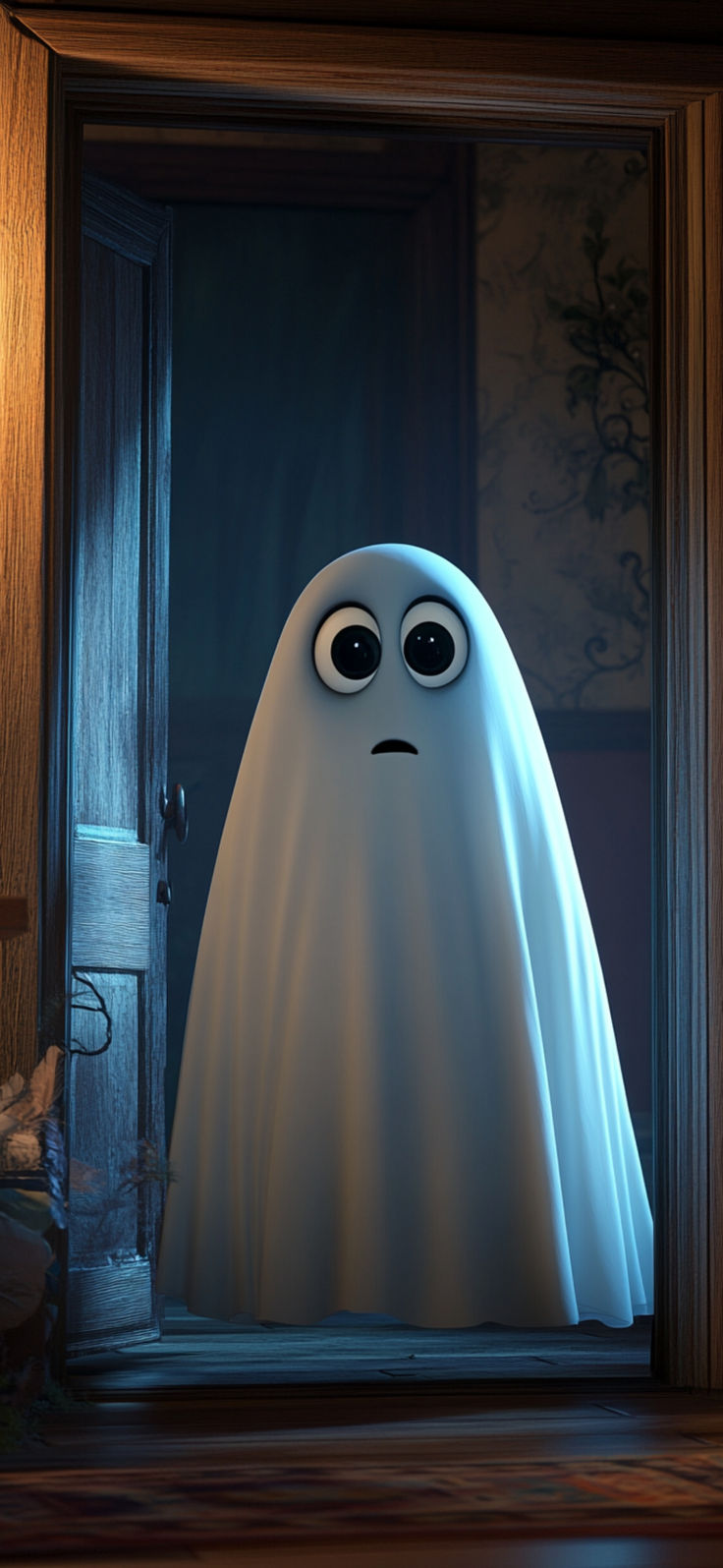 a cartoon ghost looking out the window at someone in front of him with eyes wide open