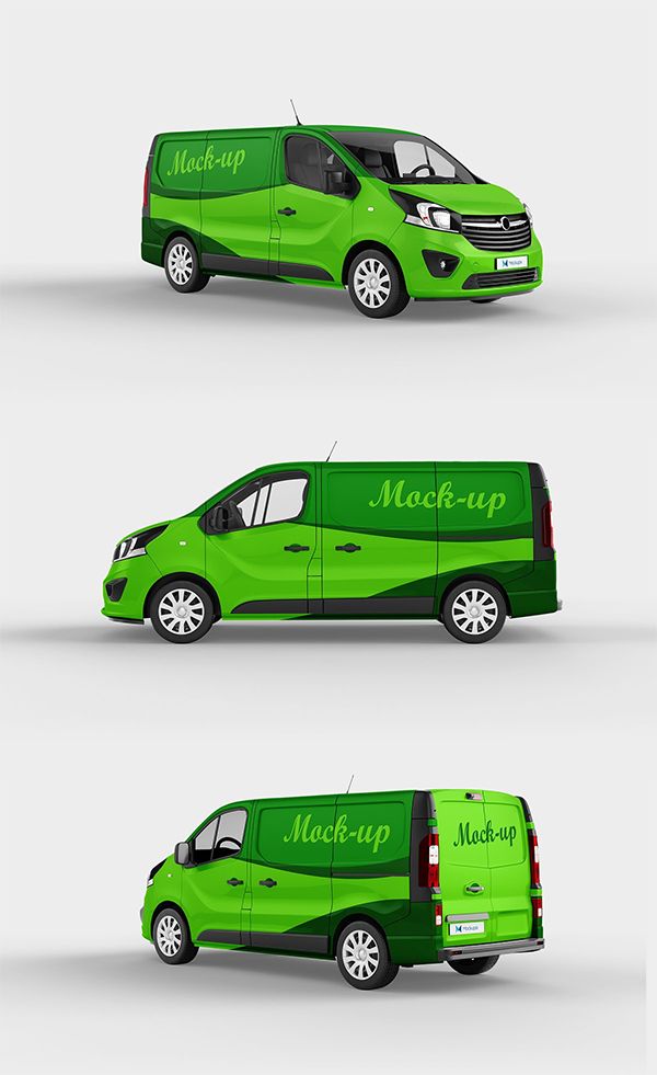 three green van mockups with white lettering on the front and back, all in different positions