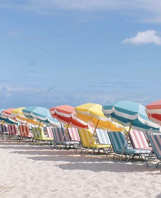 a row of beach chairs sitting on top of a sandy beach