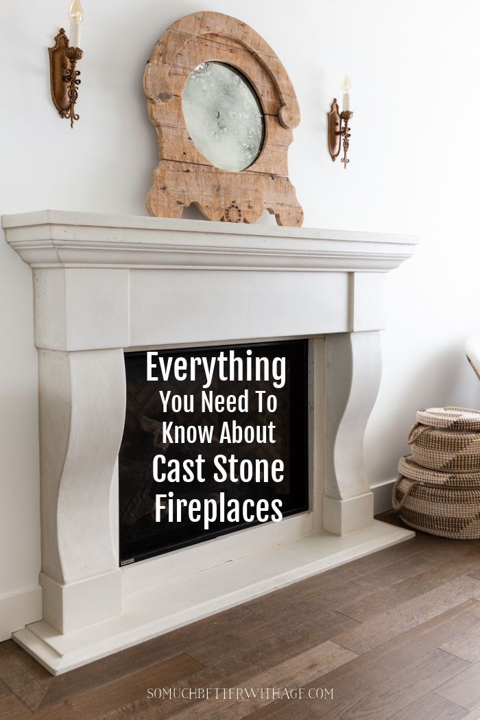 a fireplace with a sign that says everything you need to know about cast stone fireplaces