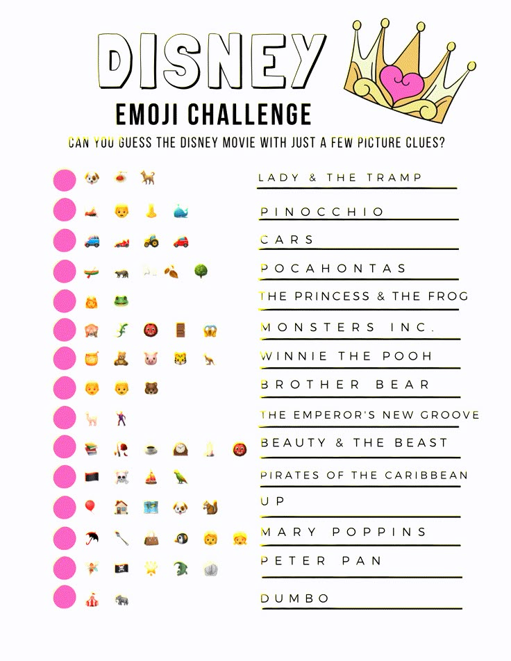 the disney emoj challenge game is shown in pink and white with an image of princess crown