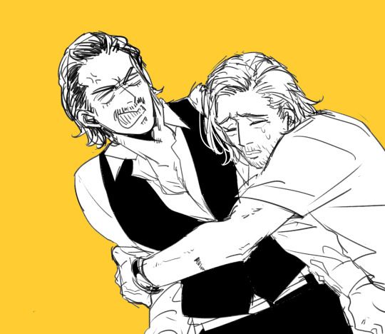 two men are hugging each other in black and white ink on a yellow paper background