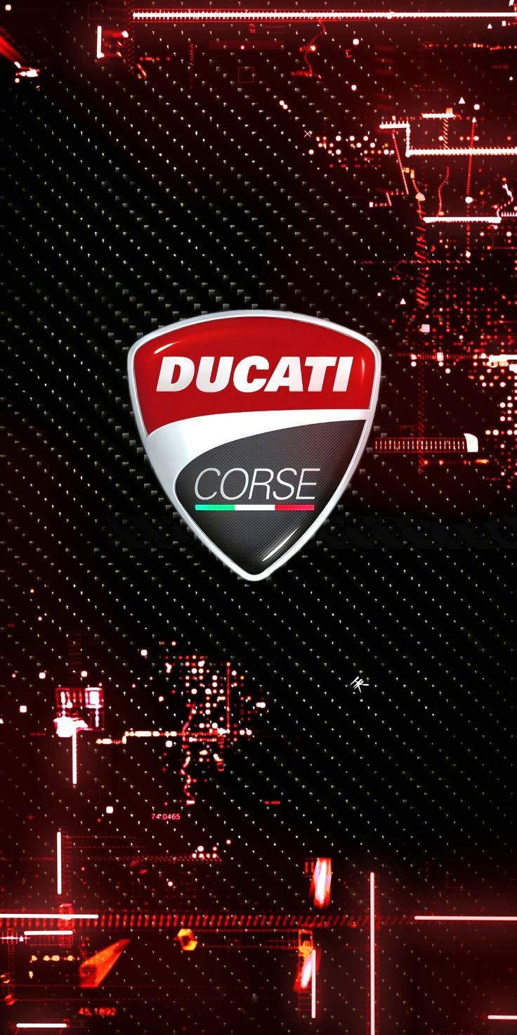 the ducati logo is shown on a dark background with red and white lights around it