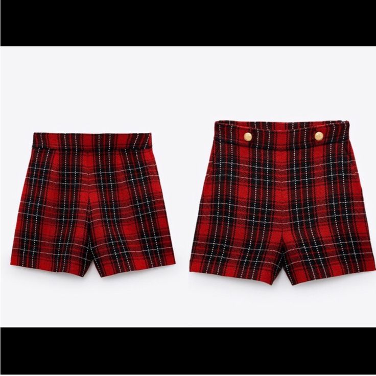 Brand New With Tags. Size Medium. High Waist Red Shorts For Fall, Zara High Waist Shorts For Fall, Red Short Bottoms For Fall, Zara Casual Plaid Bottoms, Casual Plaid Zara Bottoms, Zara Shorts, Plaid Shorts, Gold Buttons, Black Red