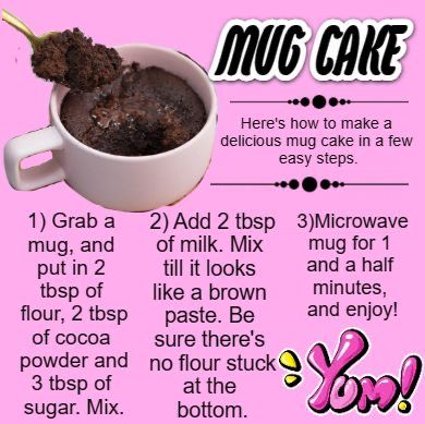 the instructions for how to make mocha cake in a mug are shown on a pink background