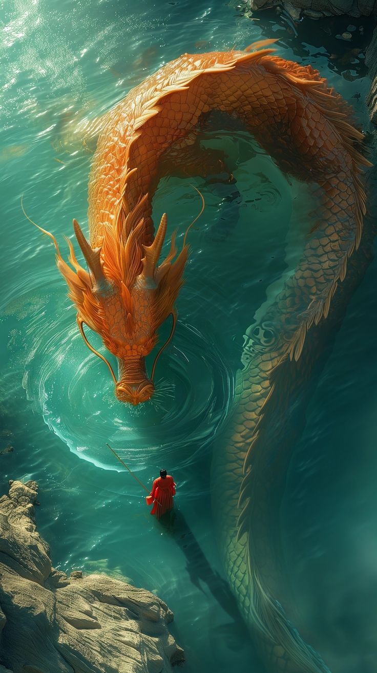 an orange dragon is swimming in the water