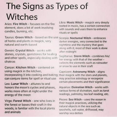 the signs as types of witches are written in black and white on a pink background