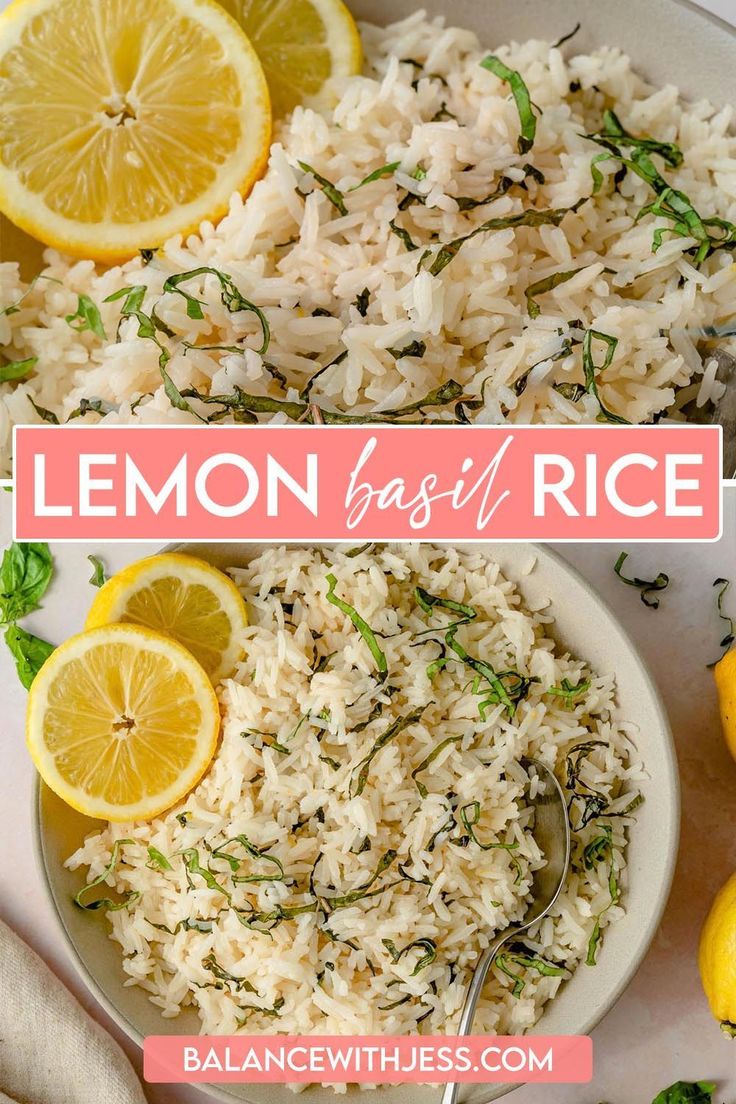 lemon basil rice in a bowl with lemons and herbs