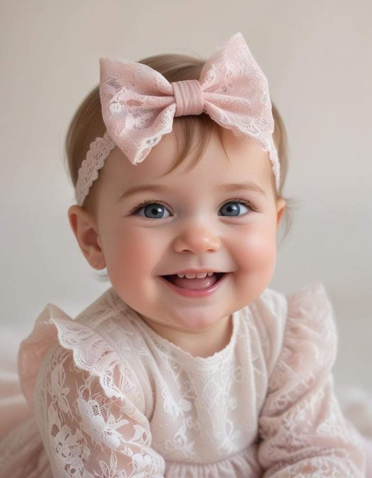 a smiling baby girl with a pink bow in her hair