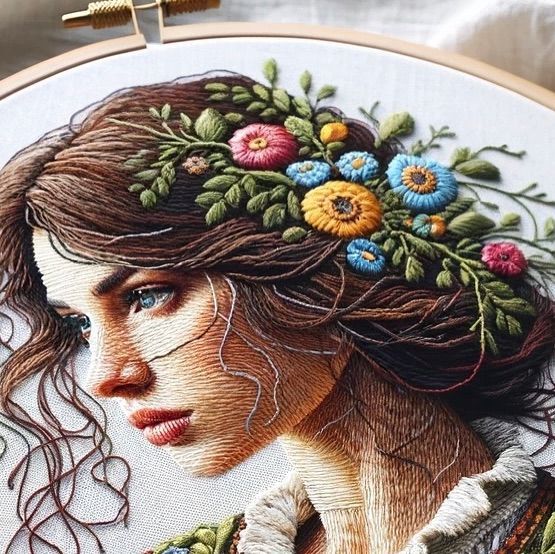 a woman's face with flowers in her hair is depicted on a hand embroidered wall hanging