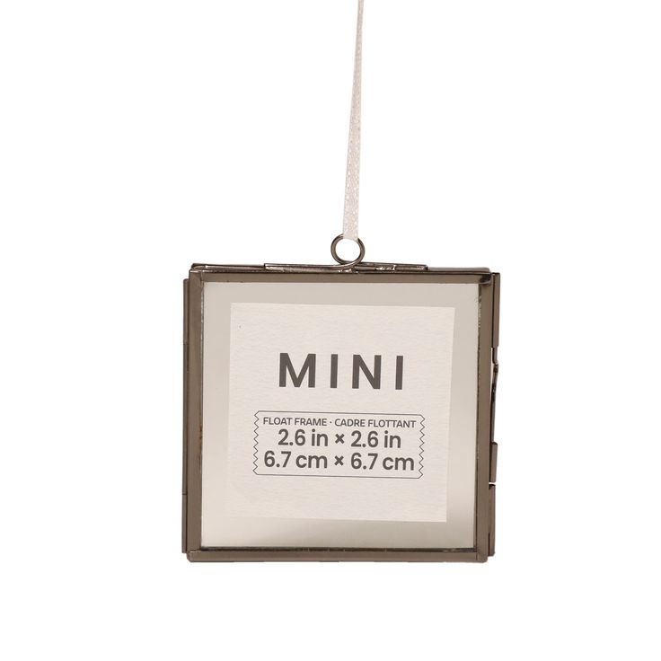 an ornament hanging from a string with the word mini in it's center