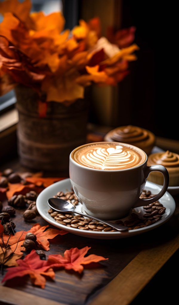 a cup of coffee sitting on top of a saucer next to some fall leaves