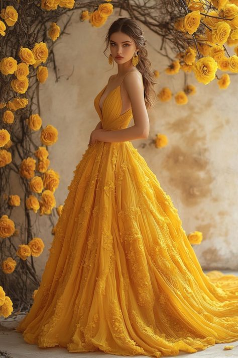 Belle Inspired Prom Dress, Acotar Fanfic, Greek Photoshoot, Stylish Business Outfits, Yellow Wedding Dress, Runway Gowns, Yellow Gown, Mode Tips, Outfits Unique