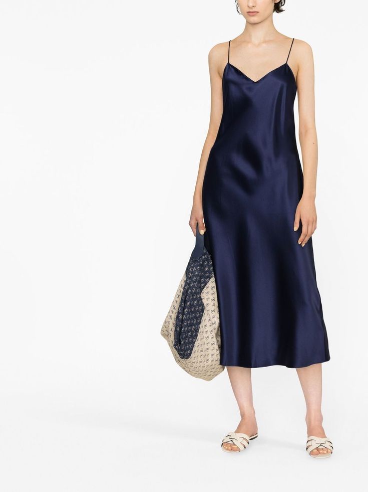 Polo Ralph Lauren V-neck Midi Dress - Farfetch Midi Dress Blue, Wardrobe Edit, V Neck Midi Dress, Silk Slip Dress, Dress Crafts, Silk Slip, Mid Length Dresses, Exclusive Fashion, Dolce & Gabbana