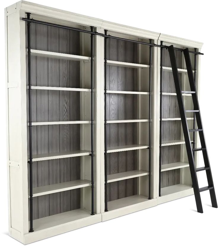 a white bookcase with two shelves and a ladder on the bottom one shelf is empty