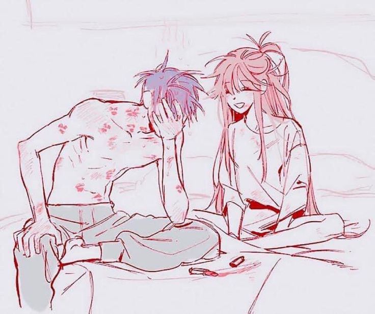 a drawing of two people sitting on a bed with blood all over their bodys