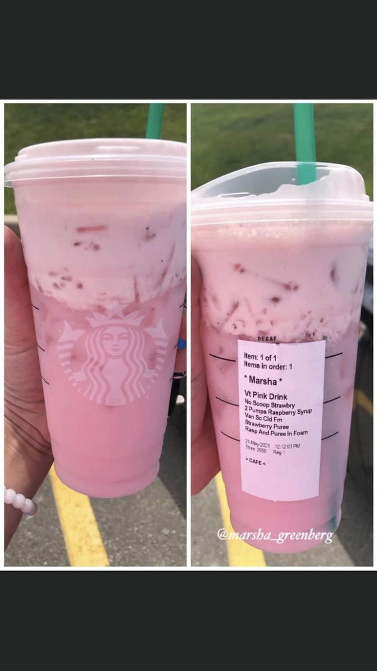 two pictures of the same pink drink in different stages of being eaten by someone with green straws