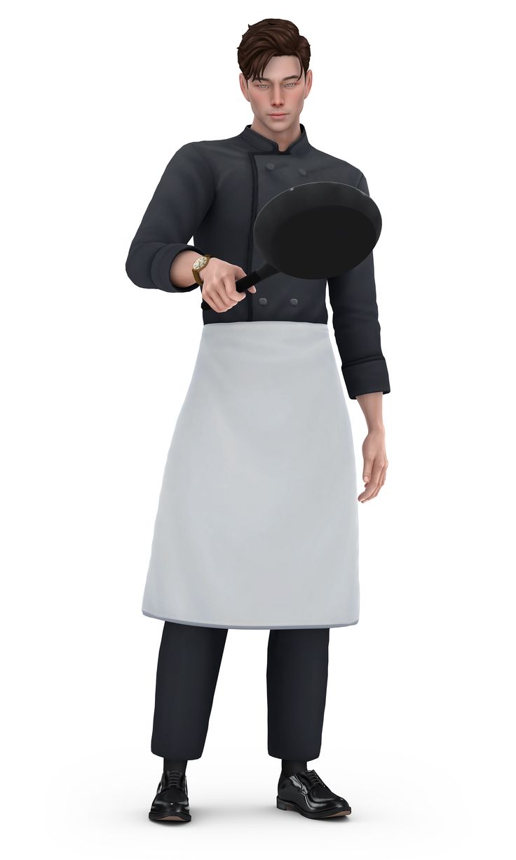 a man in an apron holding a frying pan