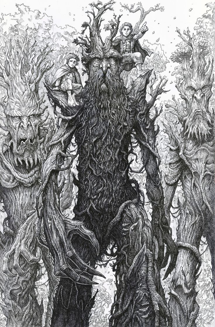 a drawing of an evil man surrounded by other demonic looking creatures in the woods with trees