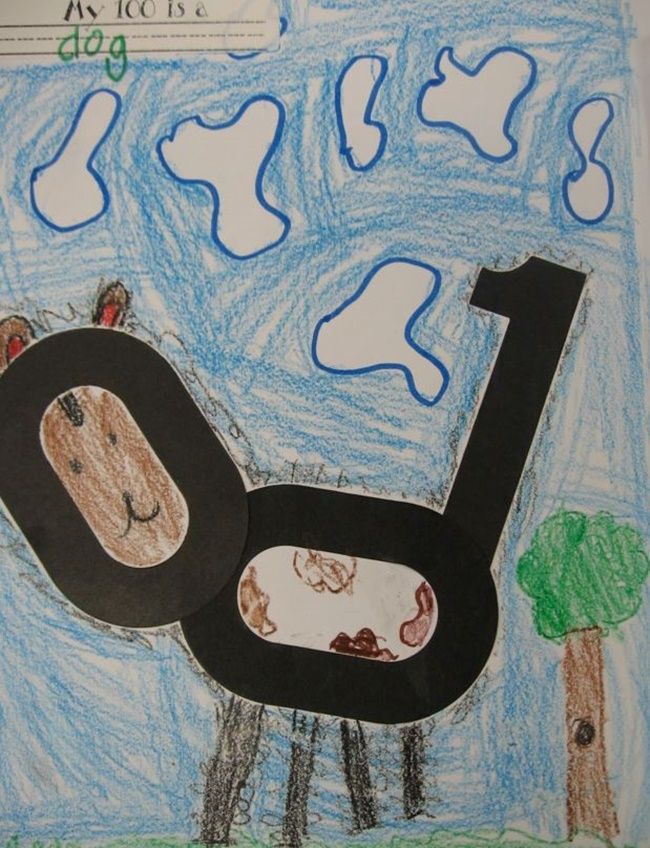 a child's drawing of the letter o with trees and clouds in the background