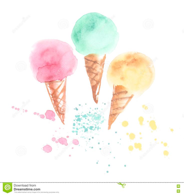 three ice cream cones with sprinkles on white background, watercolor painting