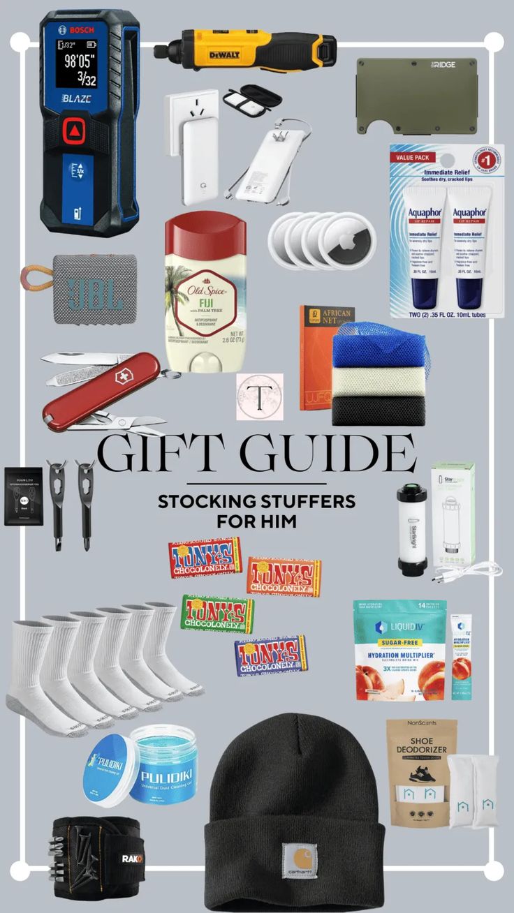 the gift guide for stocking stuff from him is displayed on a gray background with white lines