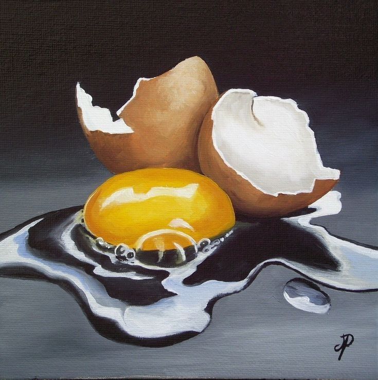 an oil painting of two eggs and one orange on a black background with white paint