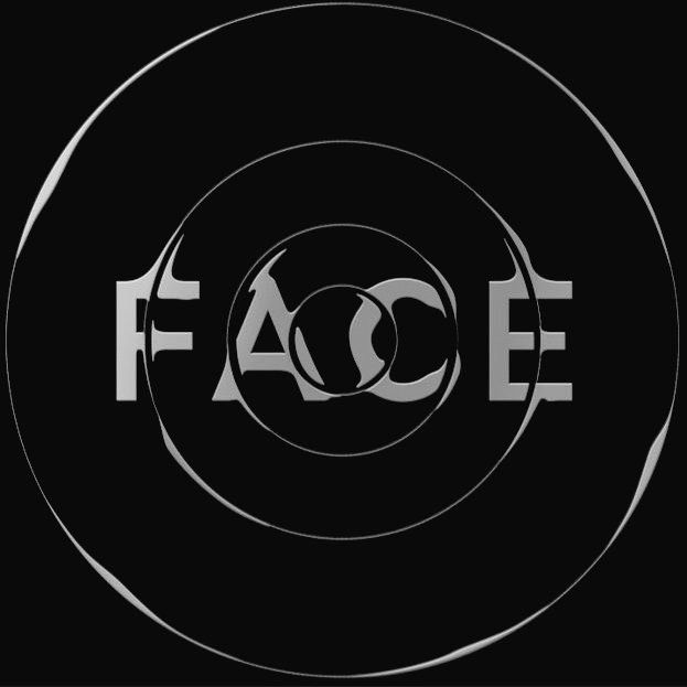 the face logo is shown in black and pink on a dark background with an orange circle