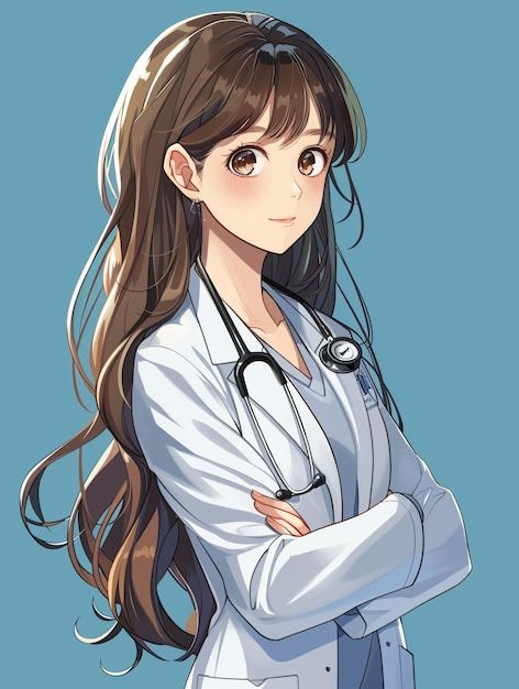 an anime character with long hair and a stethoscope on her chest, wearing a white lab coat