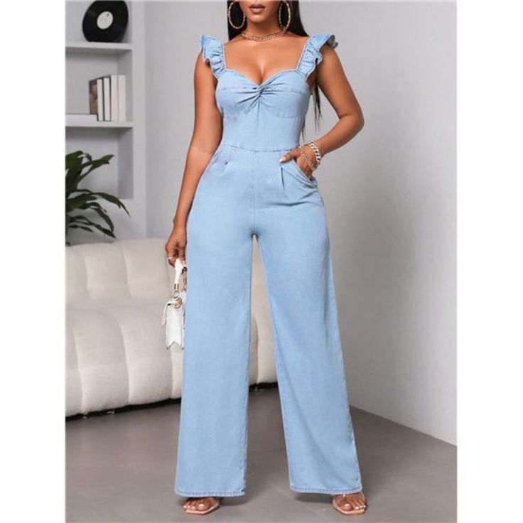 Introducing Our Light Wash Denim Sweetheart Jumpsuit, Where Casual Comfort Meets Chic Sophistication. This Versatile Piece Is Perfect For Those Who Appreciate Effortless Style With A Touch Of Flair. Designed With A Flattering Sweetheart Neckline Adorned With Delicate Ruffles And A Twist Detail, This Jumpsuit Exudes Charm And Femininity. The High Waistline Enhances Your Silhouette, While The Sleeveless Design Keeps You Cool And Comfortable. Crafted From Durable Denim, It Features Practical Detail Chic Light Wash Cotton Jumpsuits And Rompers, Chic Non-stretch Cotton Denim Jumpsuit, Chic Light Wash Denim Jumpsuit For Spring, Chic High Waist Cotton Overalls, Chic Summer Light Wash Jumpsuits And Rompers, Chic Sleeveless Light Wash Denim Jumpsuit, Chic Light Wash Jumpsuits And Rompers For Summer, Chic Non-stretch High-waist Denim Jumpsuit, Casual Sleeveless Denim Jumpsuit For Party