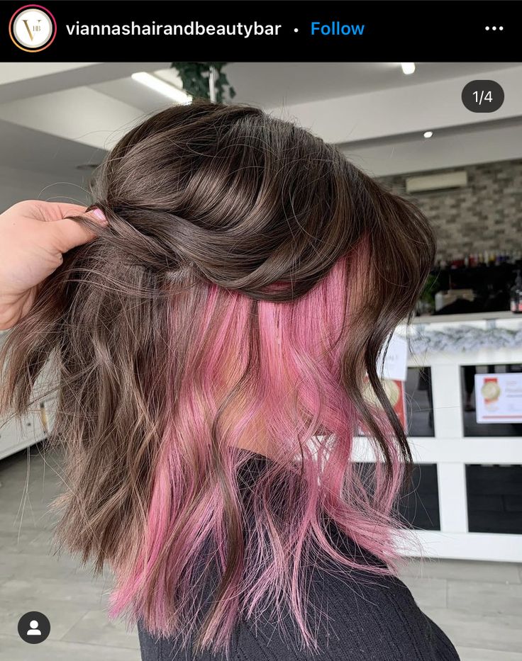 Lower Hair Dyed, Under Hair Dye On Brown Hair, Subtle Streaks Of Color In Hair, Short Pink Peekaboo Hair, Hairstyles For Dyed Hair Underneath, Bubblegum Pink Peekaboo Hair, Underlayer Hair Dye Red, Light Pink Underneath Hair Dark Brown, Under Dyed Hair Red And Brown