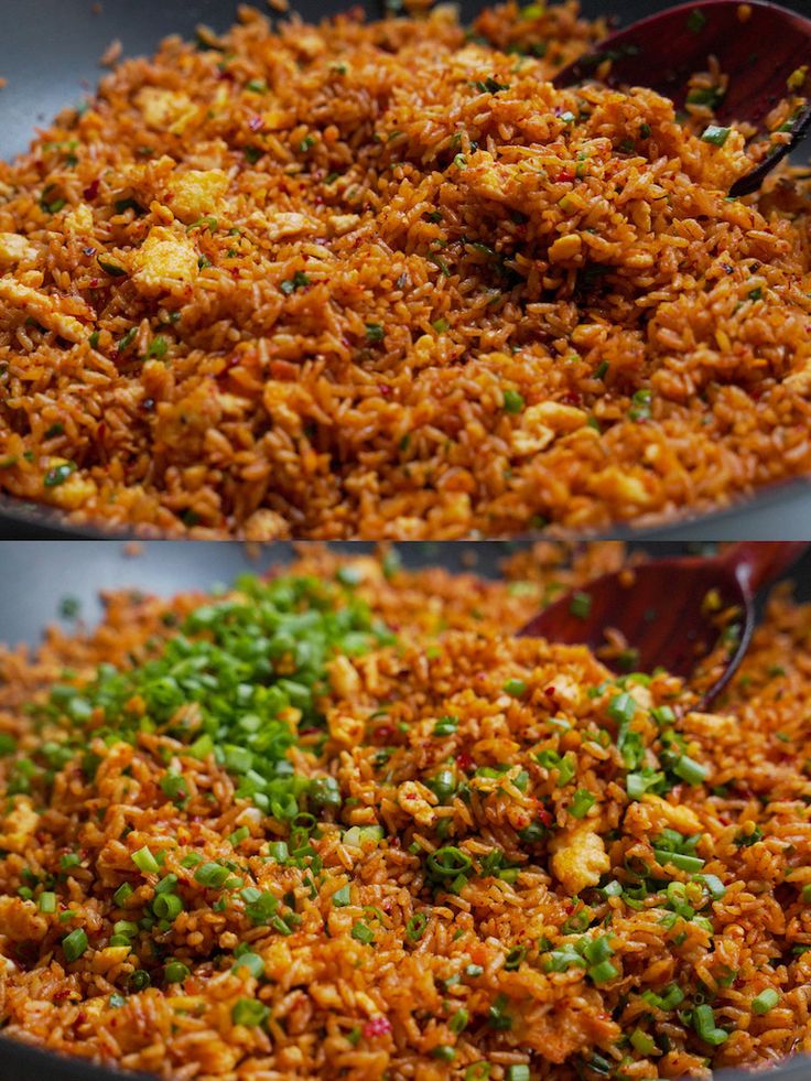 two pans filled with rice and vegetables on top of each other, one being spooned in