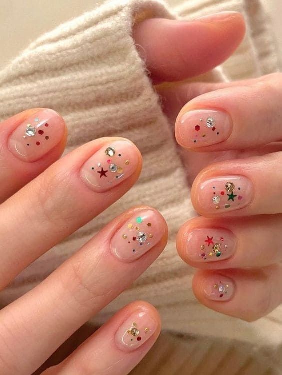 Korean Nail Art Gems, Nail Clear Design, Winter Korean Nails, Nail Korean Style Blue, Cute Nail Designs For Winter, Clear Blue Nails, Korean Winter Nails, Korean Nail Art Simple, Clear Nails With Design