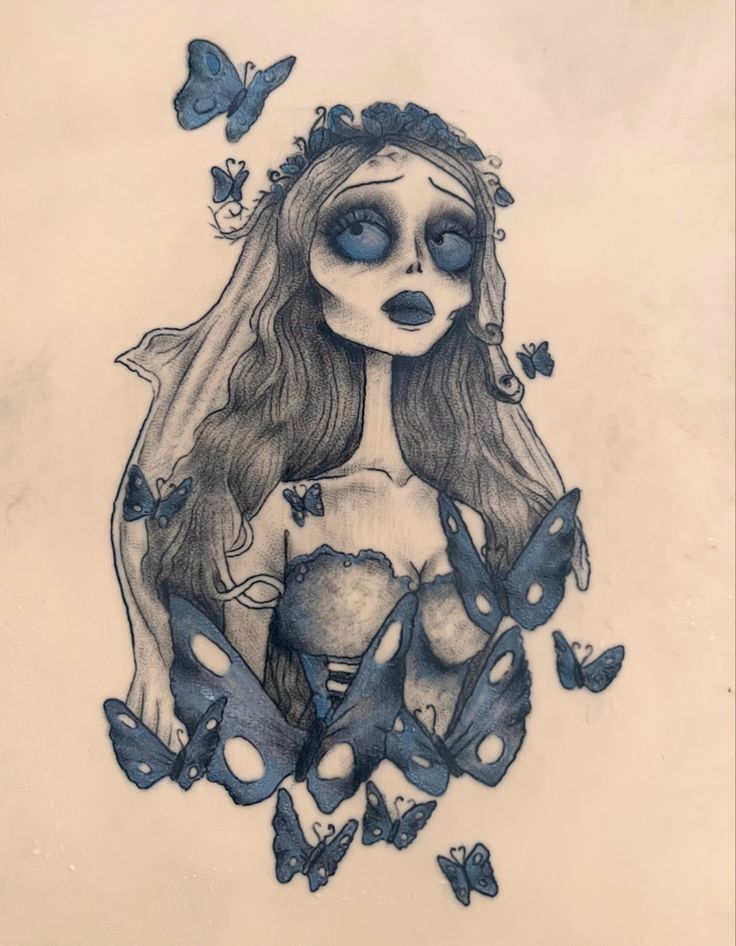 a drawing of a woman with blue eyes and butterflies around her head, surrounded by butterflies