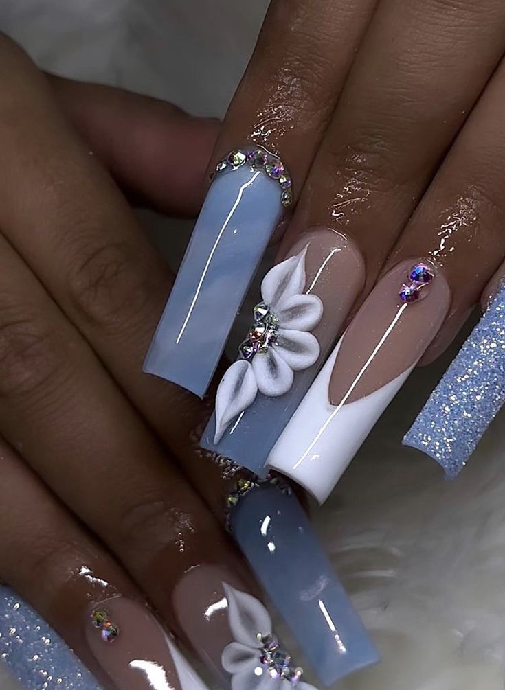 Cinderella Blue Nails For Prom, Nail Art With Rhinestones Simple, Navy Blue White Nails, Navy Blue Nail Designs For Prom, Blue Inspired Nails, Medium Length Nails Acrylic Square Design, Vacation Nails Long, Quince Nails Pink, Promotion Nails