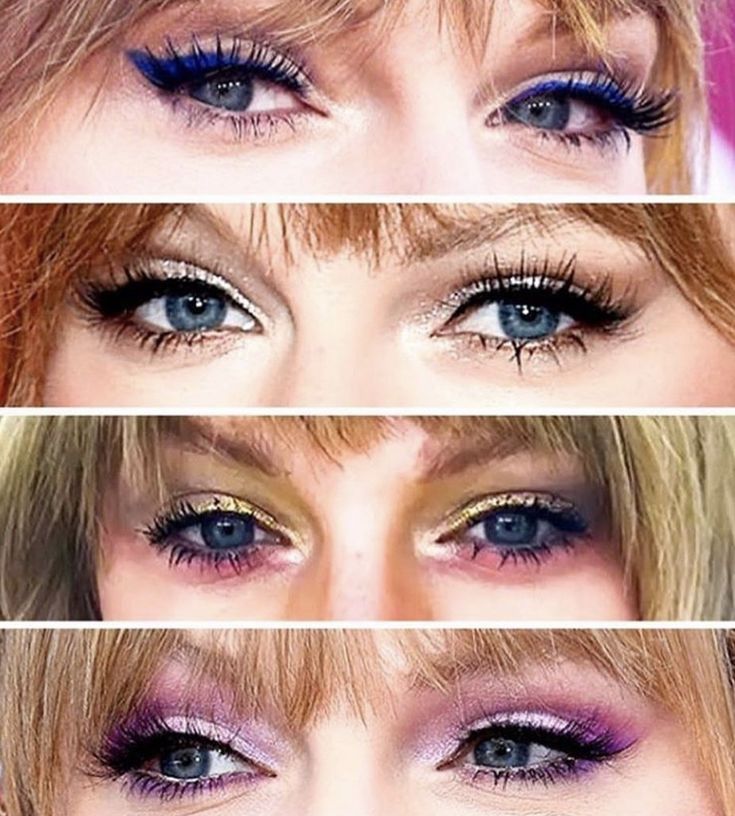 four different pictures of the same woman's eyes with purple and blue makeup on them