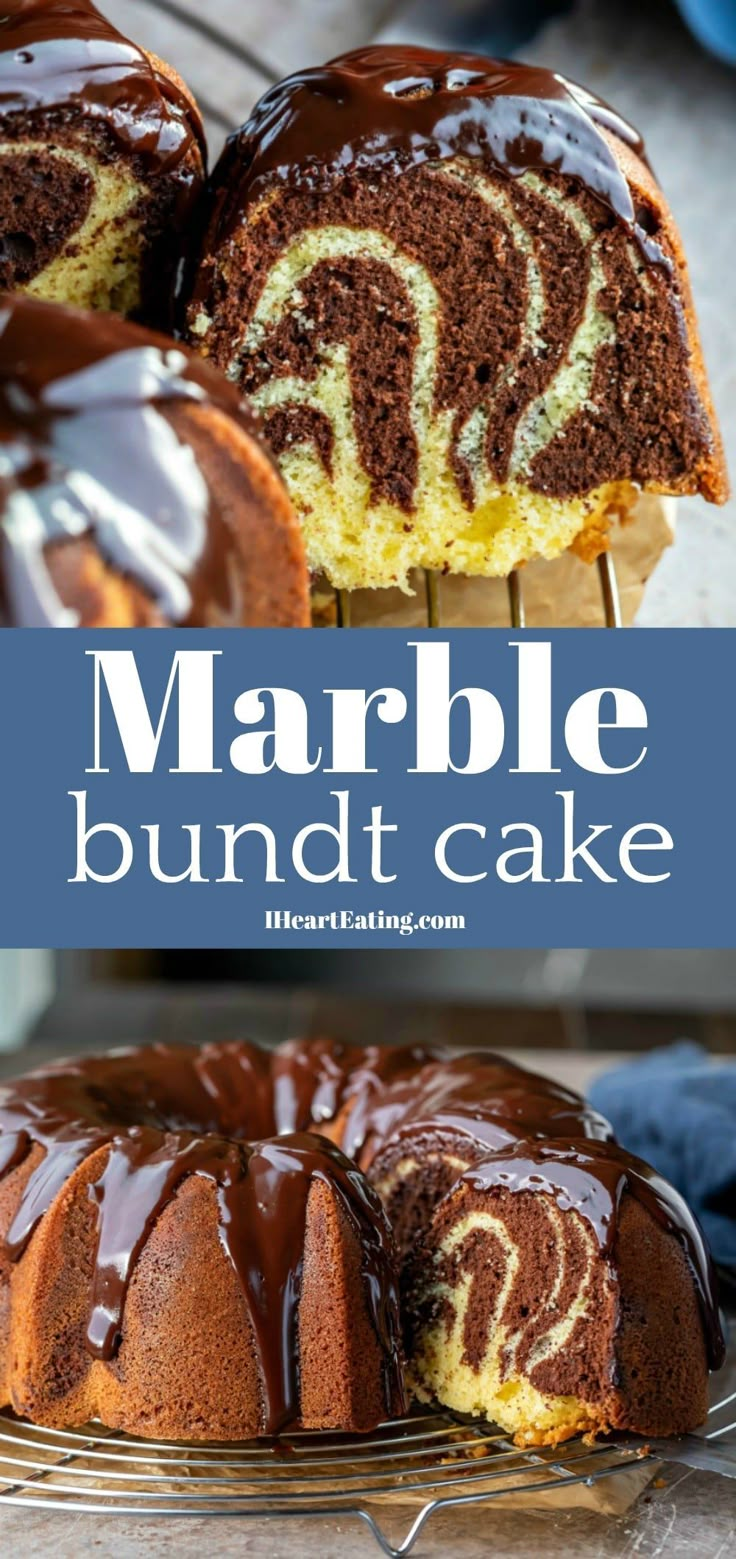 marble bundt cake with chocolate icing on a wire rack and the words marble written in white