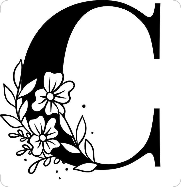 the letter c with flowers and leaves on it's uppercase is black and white