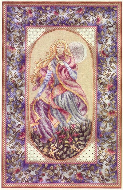 a cross stitch pattern with an image of a woman in a dress and flowers on it