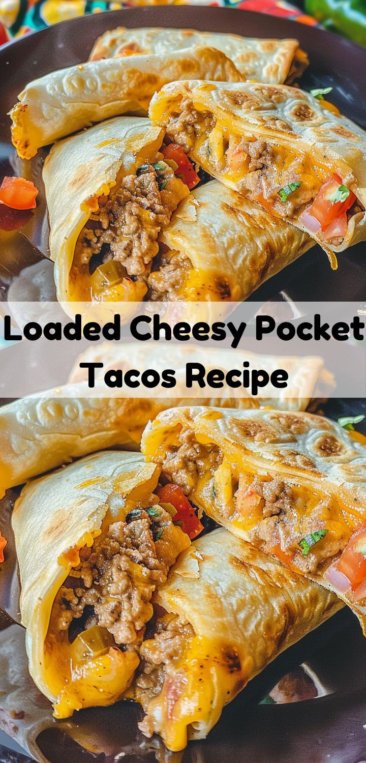 loaded cheesy pocketed tacos recipe on a plate with text overlay